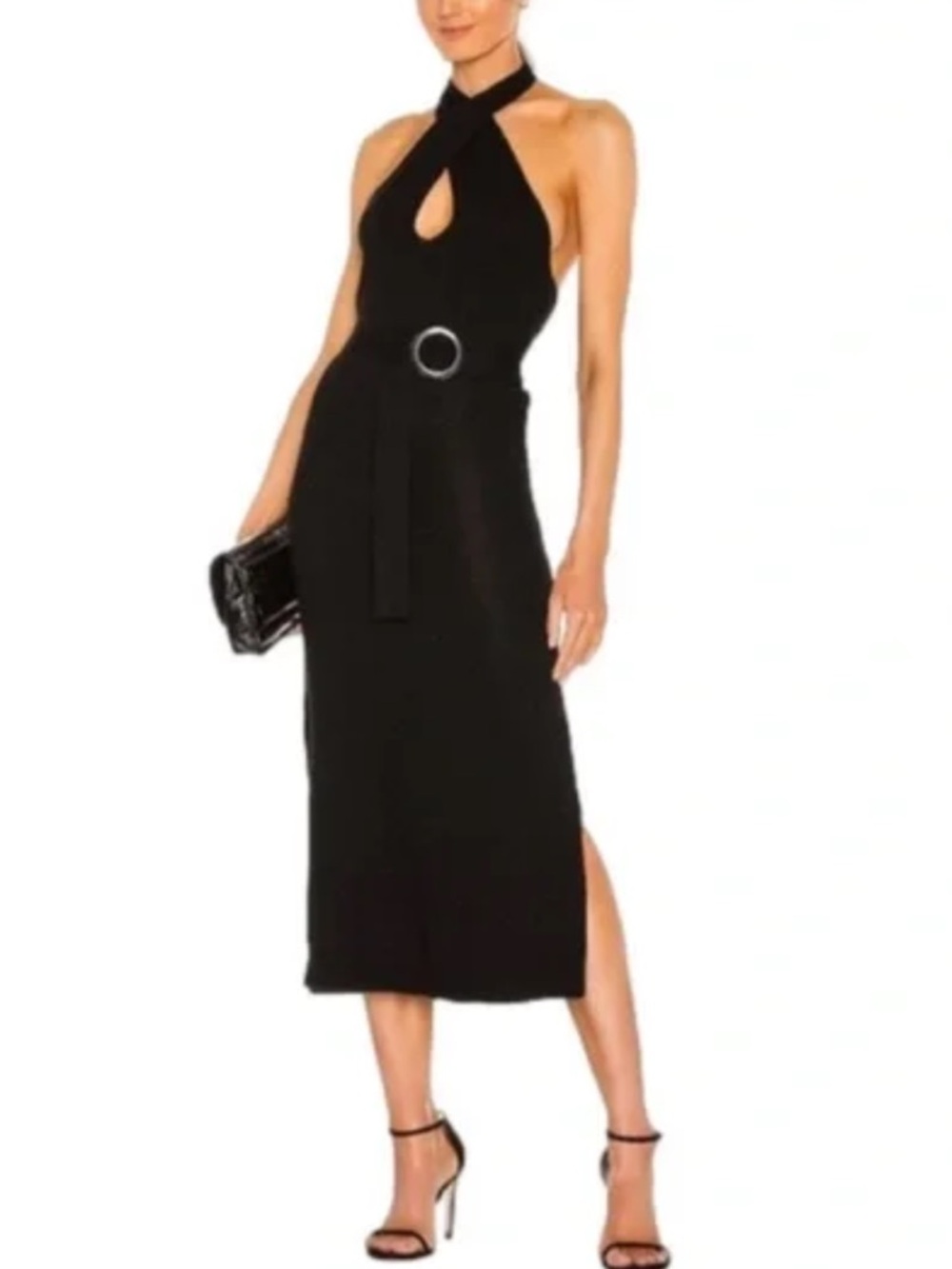 525 America Black Halter Midi Dress Belt